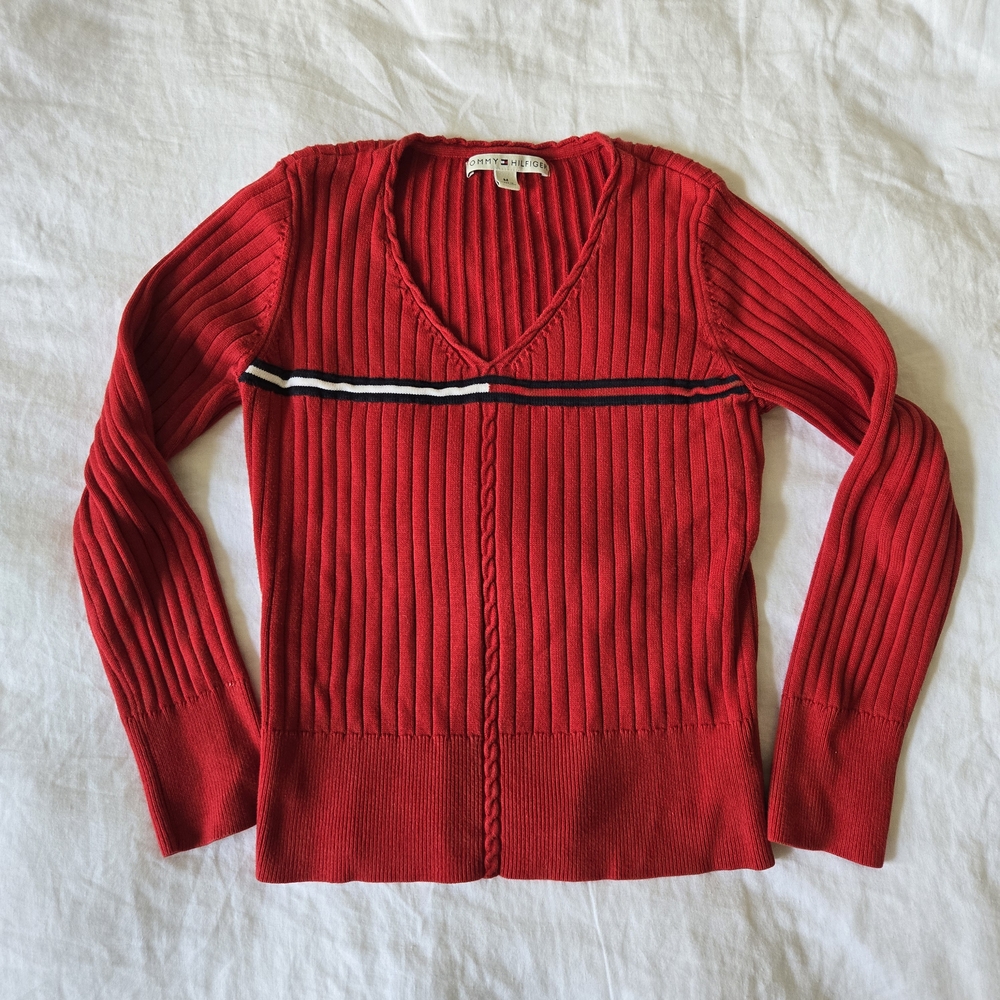 Tommy Hilfiger Red V-Neck Ribbed Sweater